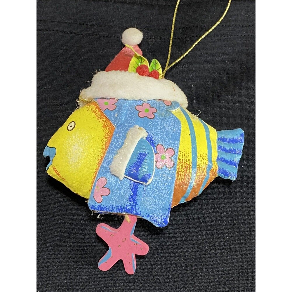 Unique Puff Fabric Fish With Santa Hat Christmas Ornament Vtg.